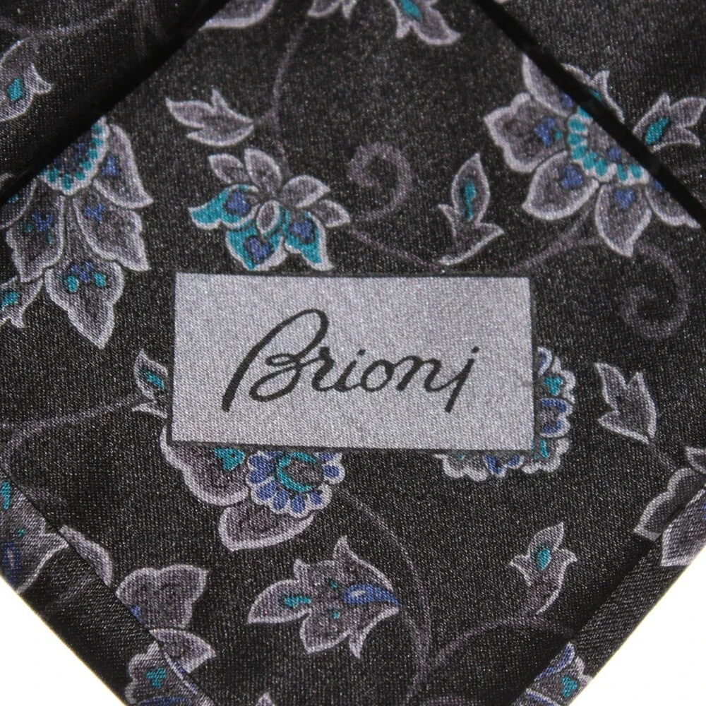 Brioni NWOT Neck Tie in Black with Gray & Blue Floral Print 100% Silk